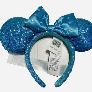 Disney Mickey Minnie Ears Aqua Blue Rhinestone Studded Satin Bow